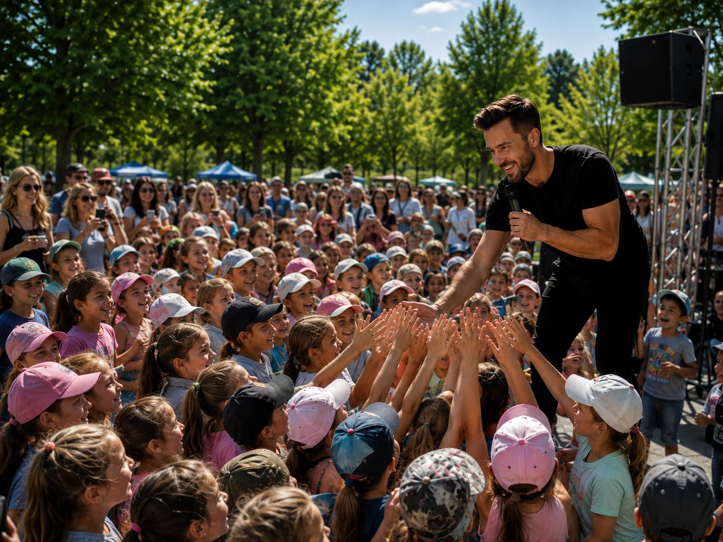 Christian Alex s mikrofónom podáva ruky deťom na vonkajšej show