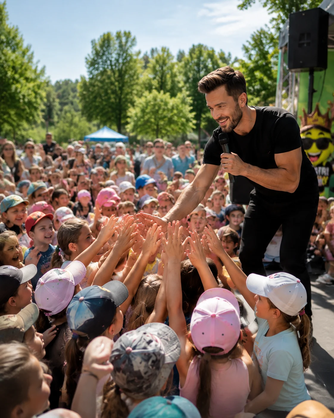 Christian Alex podáva ruky deťom, ktoré k nemu naťahujú ruky počas detskej show