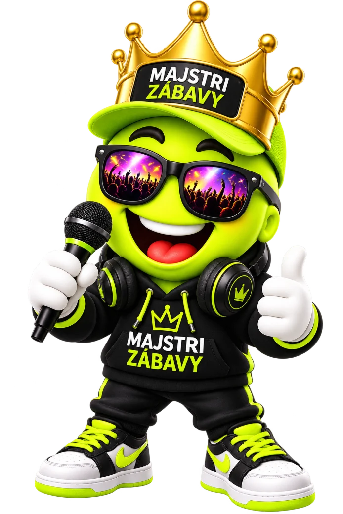 Maskot Majstri Zábavy s mikrofónom a korunou