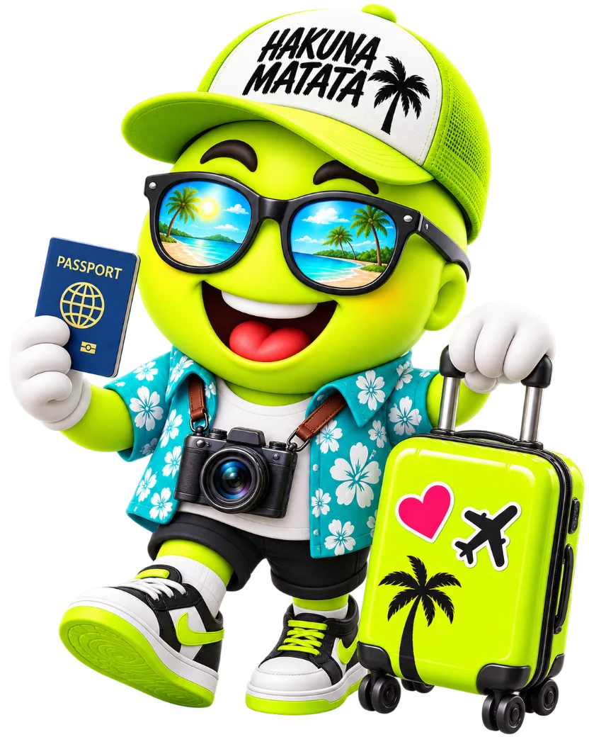Maskot Majstri Zábavy Travel s pasom a kufrom